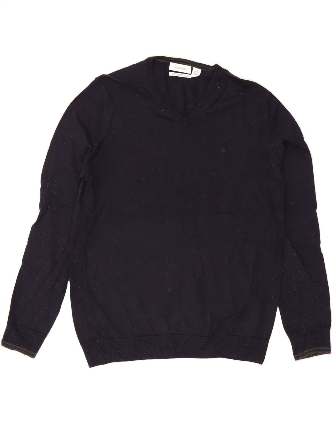 CALVIN KLEIN Mens V-Neck Jumper Sweater Medium Navy Blue Merino Wool Vintage Calvin Klein and Second-Hand Calvin Klein from Messina Hembry 