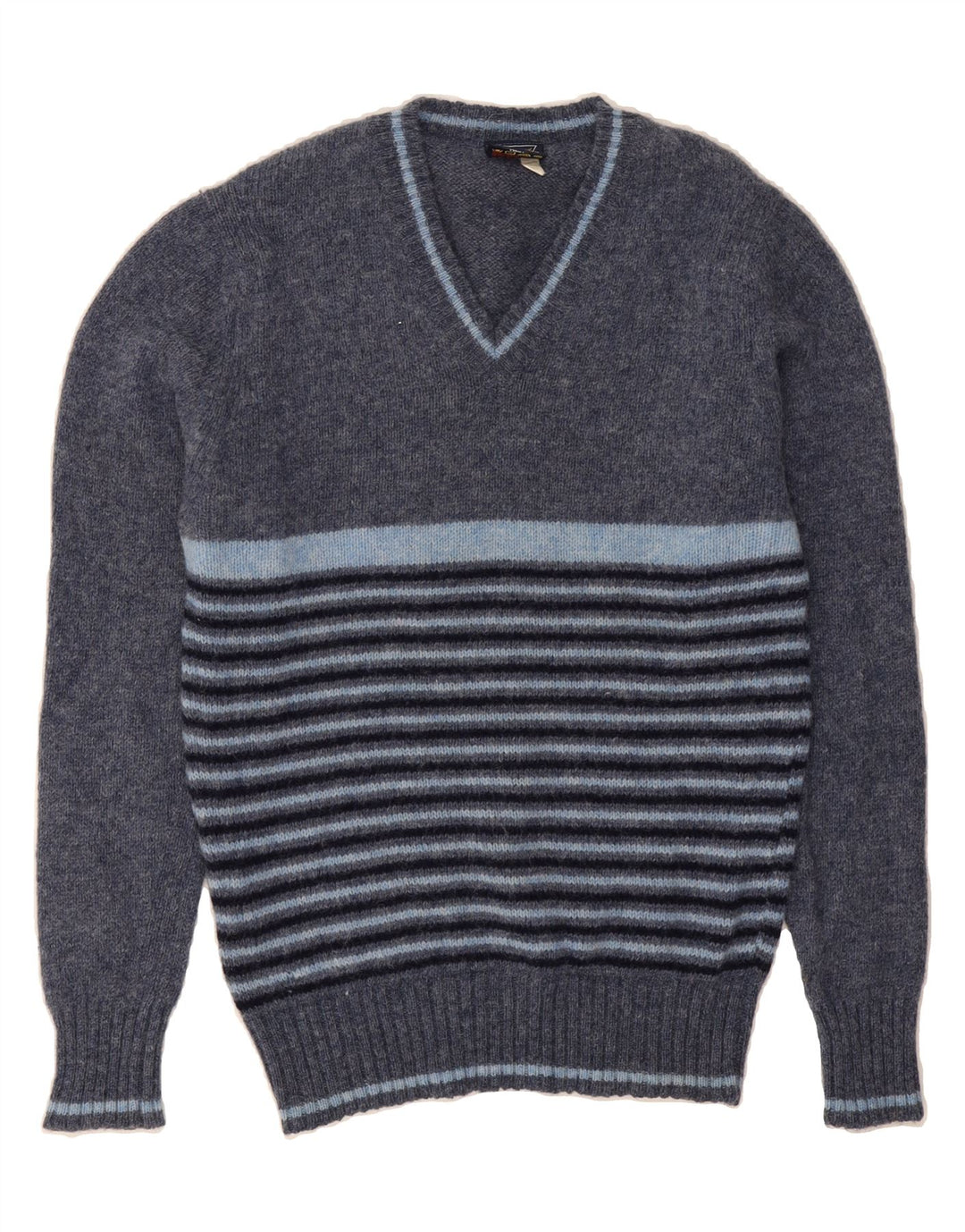 ST. BERNARD Mens V-Neck Jumper Sweater UK 40 Medium Navy Blue Striped Wool Vintage St. Bernard and Second-Hand St. Bernard from Messina Hembry 
