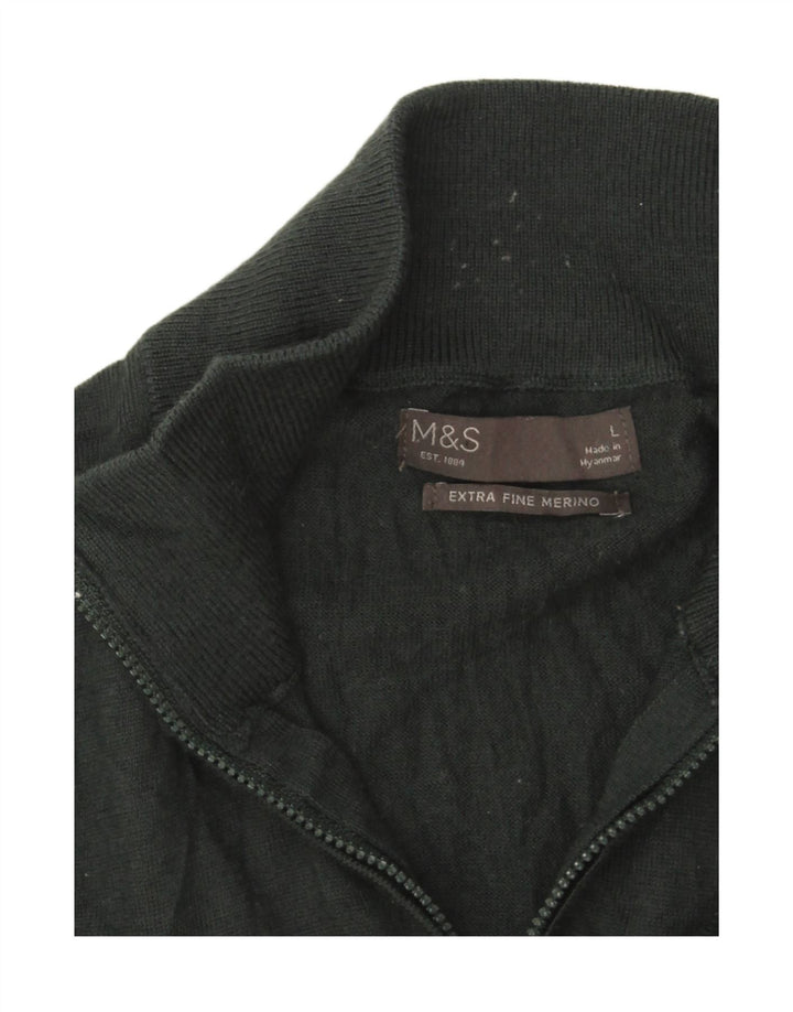 Pulover pentru bărbați Marks & Spencer, cu fermoar și gât, lână merinos verde mare