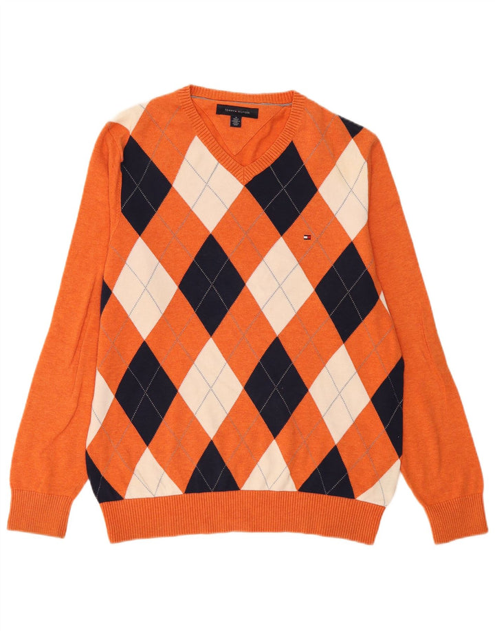 Pulover cu decolteu în V Tommy Hilfiger pentru bărbați, portocaliu mediu Argyle/Diamond