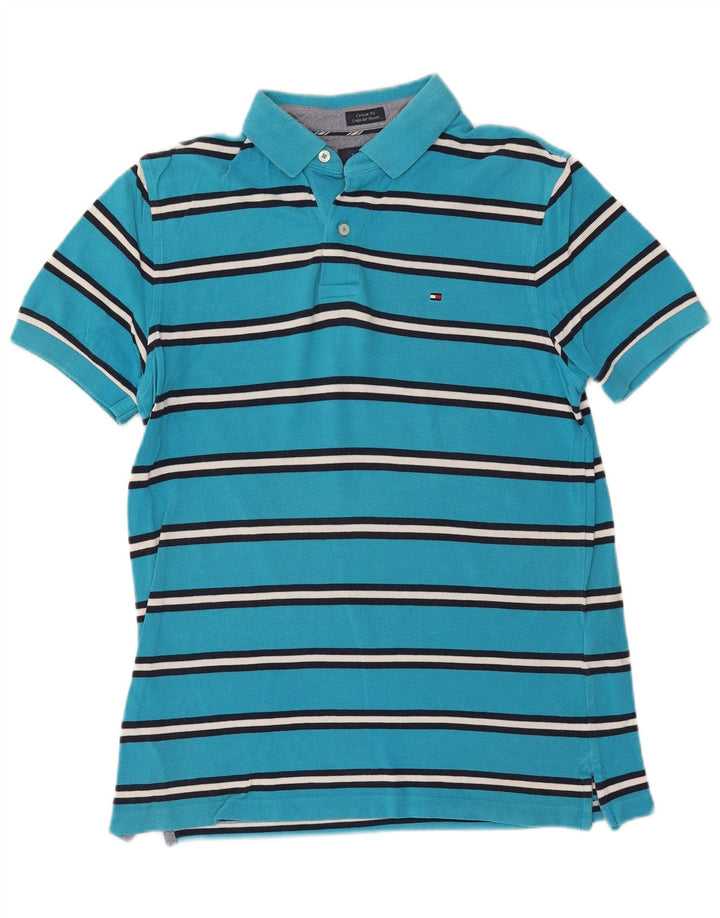 Tricou polo Tommy Hilfiger pentru bărbați, personalizat, din bumbac cu dungi albastre medii