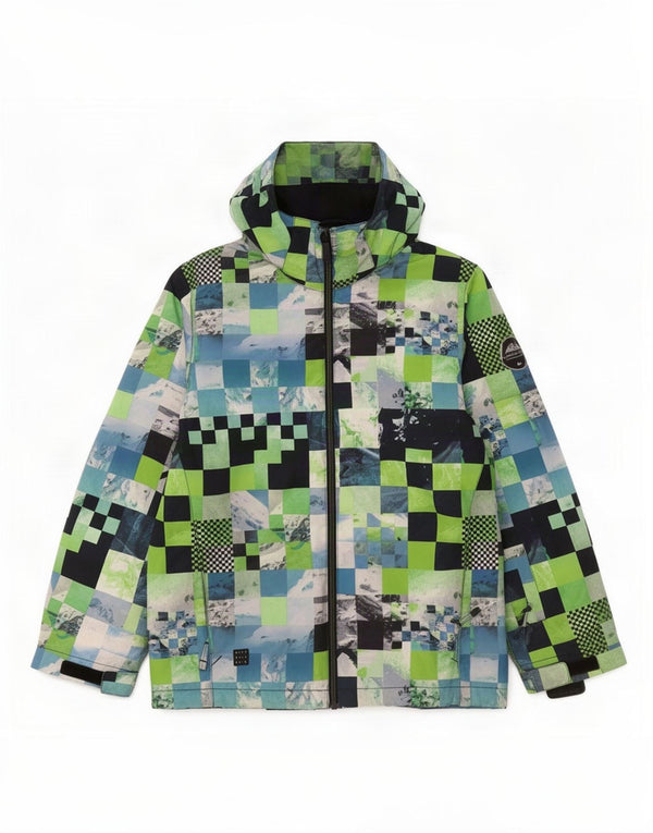 Jachetă de vânt cu glugă Quiksilver pentru băieți 13-14 ani XL verde geometrică