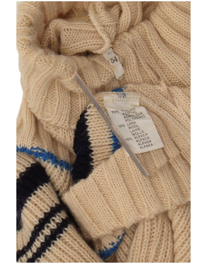 VINTAGE Pulover cu gât rulat pentru femei UK 12 Medium Bej Acrilic cu dungi