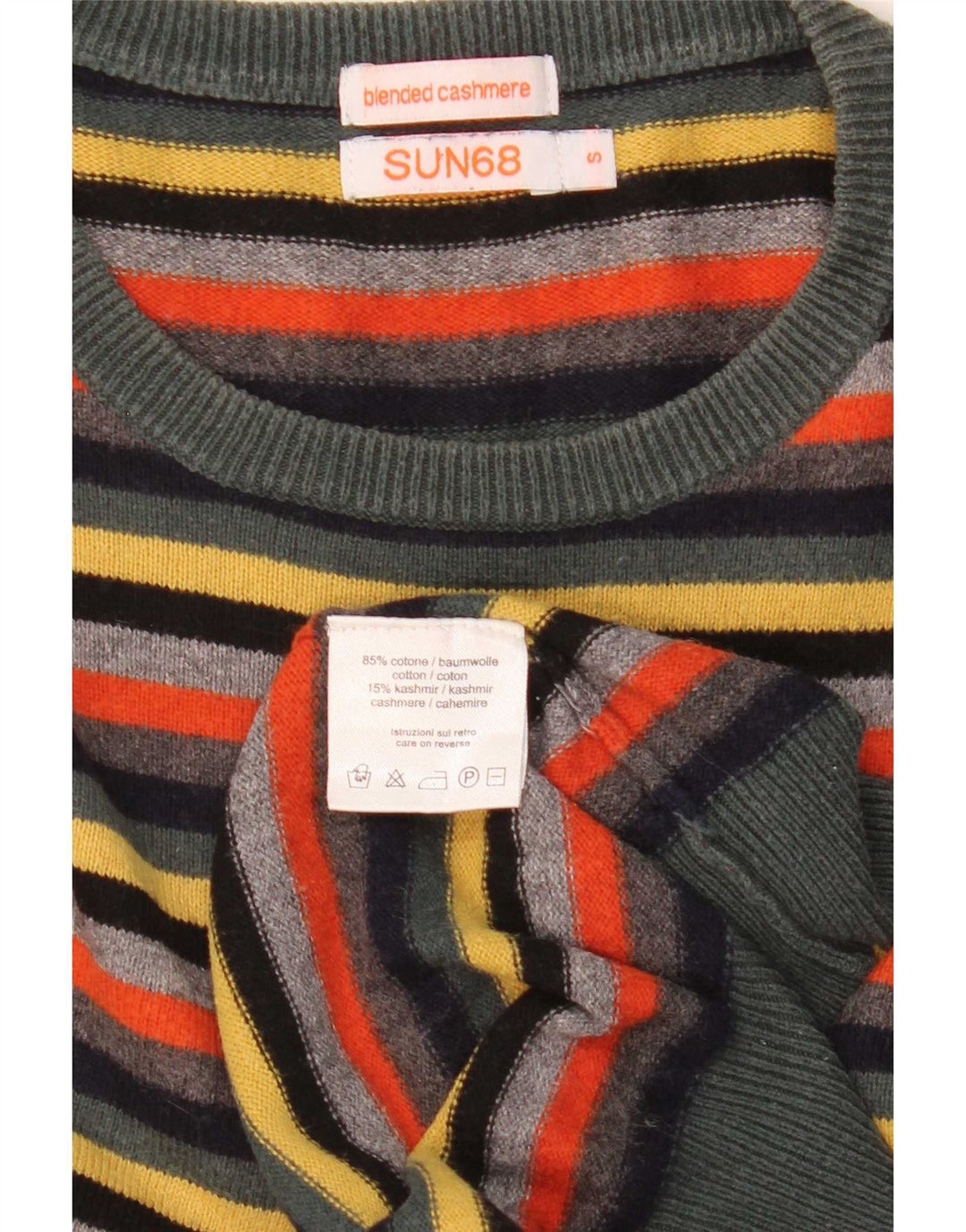 Sun68 Pulover pentru bărbați cu decolteu rotund din bumbac cu dungi mici, multicolore