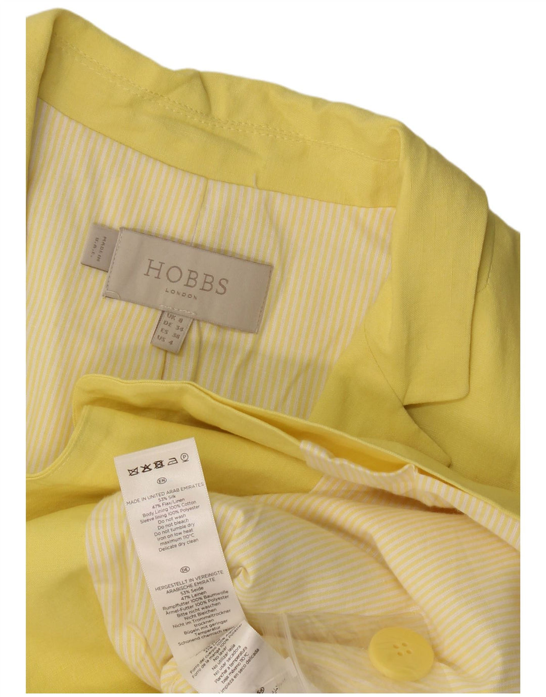 Jachetă Hobbs pentru femei cu 1 nasture, UK 8, mătase mică, galbenă
