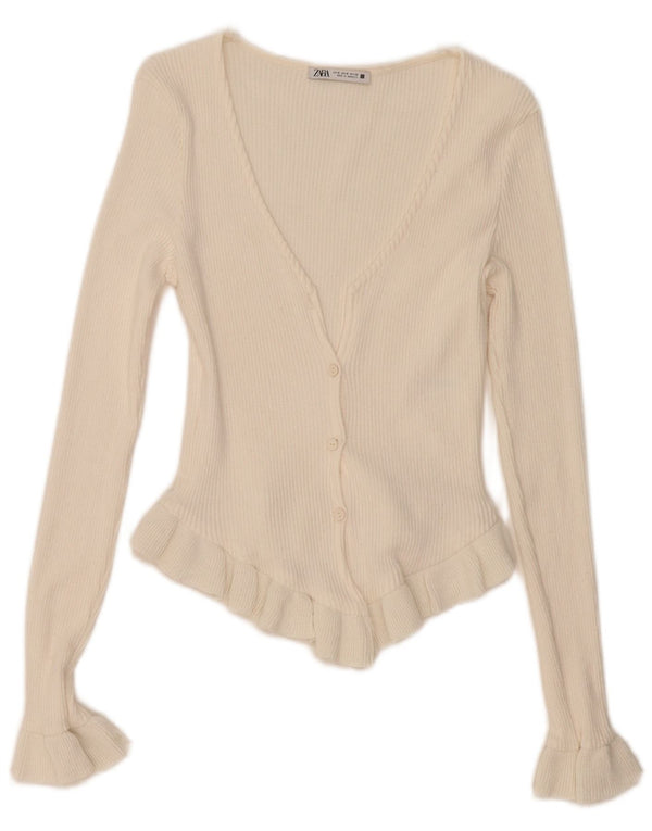 Pulover cardigan pentru femei Zara UK 12 Medium Bej Bumbac