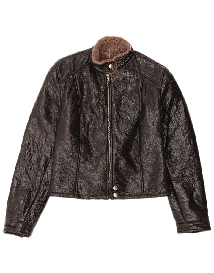 Jachetă din shearling vintage pentru femei UK 14 mediu din piele neagră