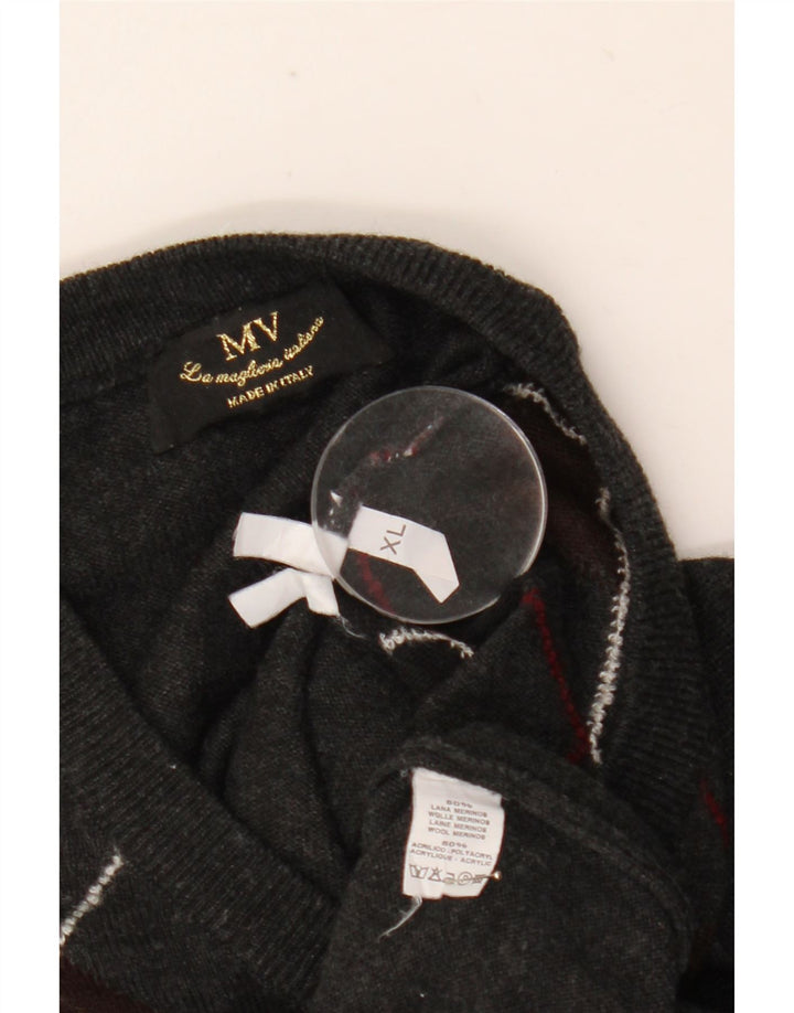 Pulover vintage pentru bărbați cu decolteu în V, XL, gri Argyle/Lână diamant