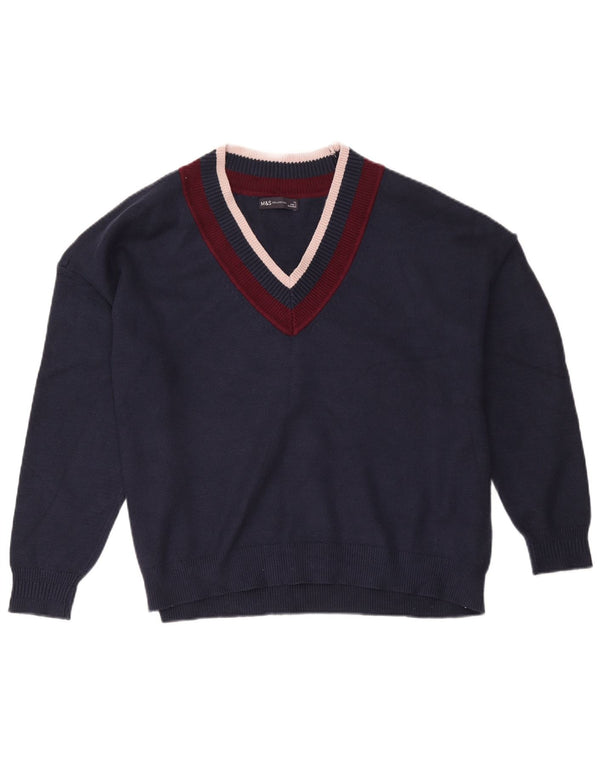 Pulover cu decolteu în V pentru femei Marks & Spencer, Marea Britanie 18 XL, albastru bleumarin, bloc de culoare