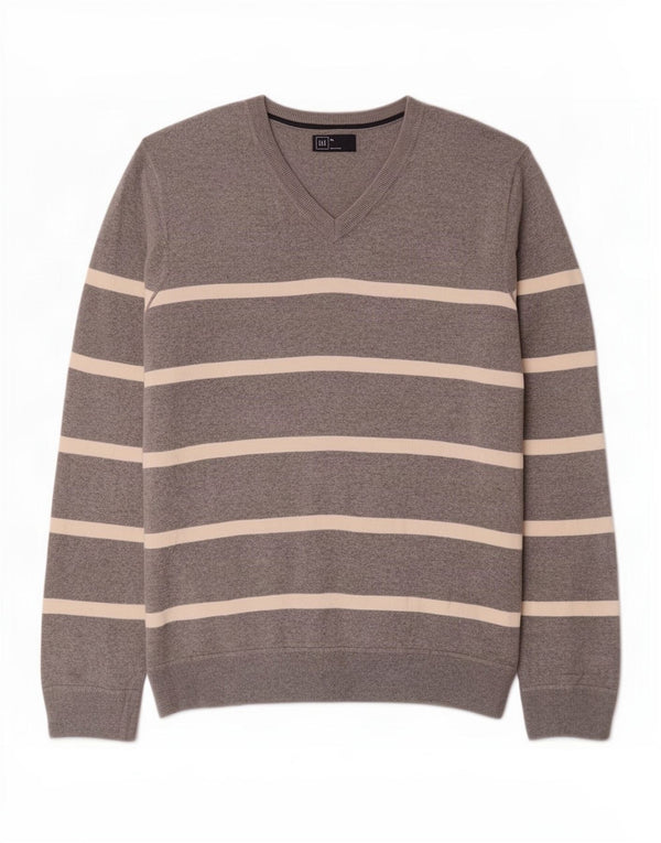 Pulover pentru bărbați Gap cu decolteu în V, XL, bumbac cu dungi gri