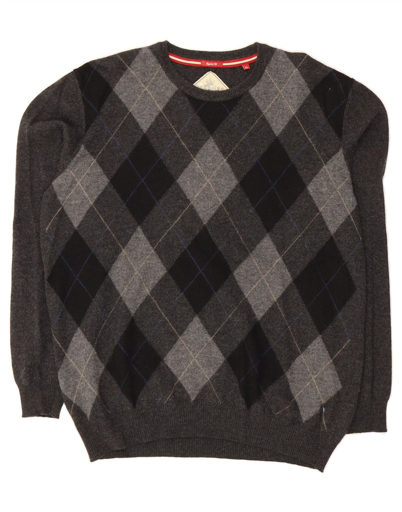 BURLINGTON Mens Heritage Crew Neck Jumper Sweater XL Grey Argyle/Diamond Vintage Burlington and Second-Hand Burlington from Messina Hembry 