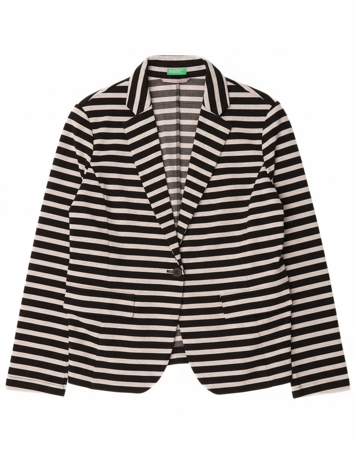 BENETTON Womens 1 Button Blazer Jacket UK 14 Medium Grey Striped