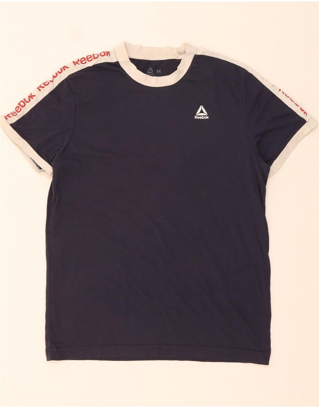REEBOK Mens Graphic T-Shirt Top Medium Navy Blue Colourblock Cotton