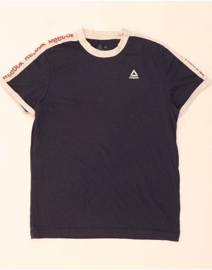 REEBOK Mens Graphic T-Shirt Top Medium Navy Blue Colourblock Cotton