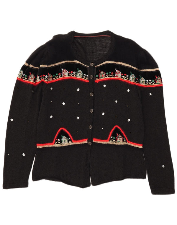 Pulover cardigan cu grafic pentru femei vintage UK 14 mare bumbac negru