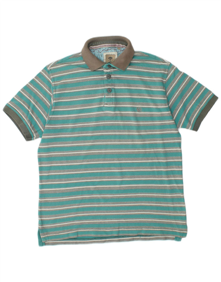FAT FACE Mens Polo Shirt Small Turquoise Striped Cotton
