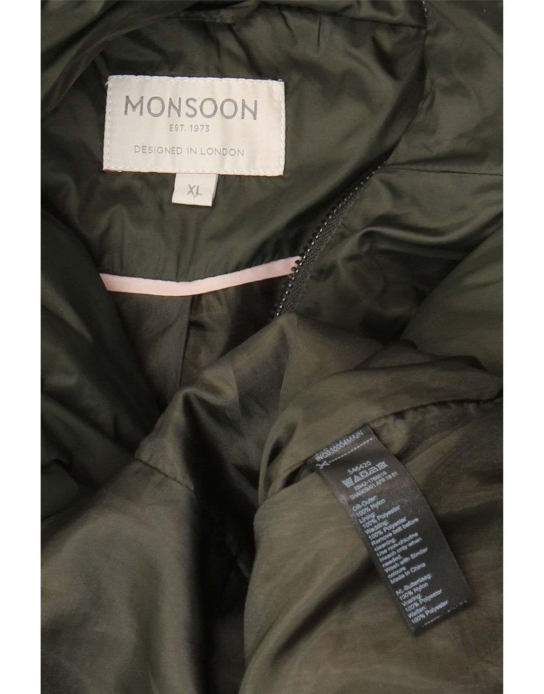 MONSOON Jachetă căptușită cu glugă pentru femei UK 18 XL Kaki Nylon