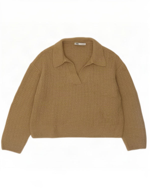 Pulover pentru femei Zara, cu crop largi, crop, cu gât polo, UK 14 Medium Khaki
