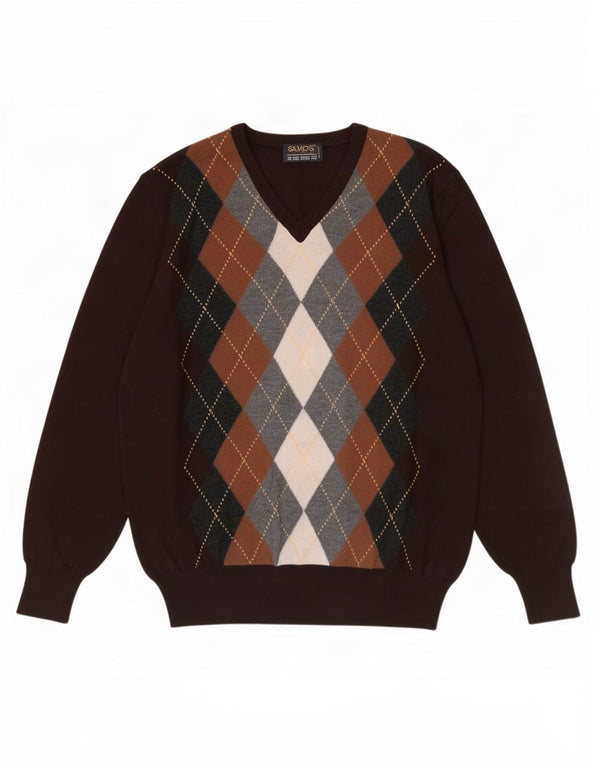 Pulover vintage pentru bărbați cu decolteu în V IT 48 Medium Brown Argyle/Diamond