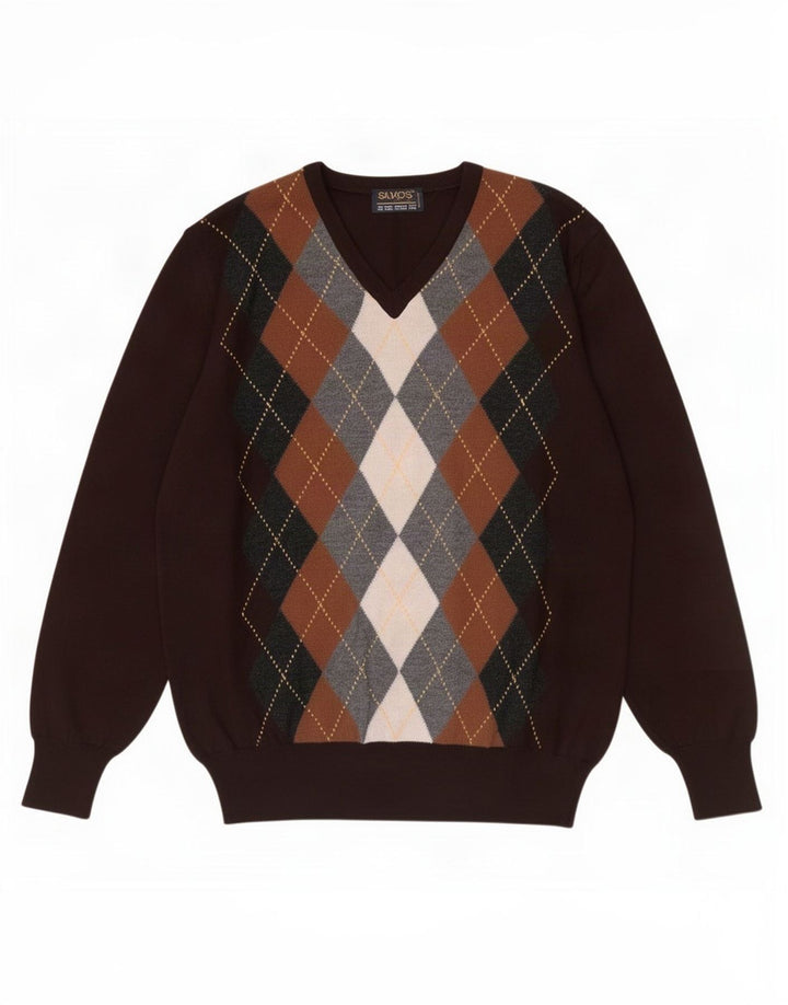 Pulover vintage pentru bărbați cu decolteu în V IT 48 Medium Brown Argyle/Diamond