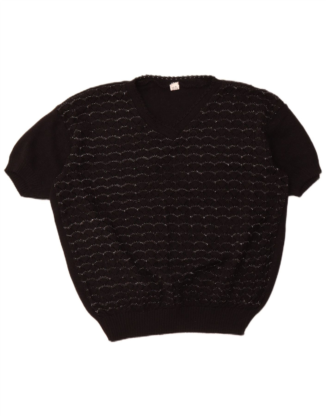 Pulover VINTAGE pentru femei cu mânecă scurtă cu decolteu în V, UK 18 XL, cu dungi negre