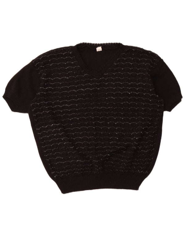 Pulover VINTAGE pentru femei cu mânecă scurtă cu decolteu în V, UK 18 XL, cu dungi negre