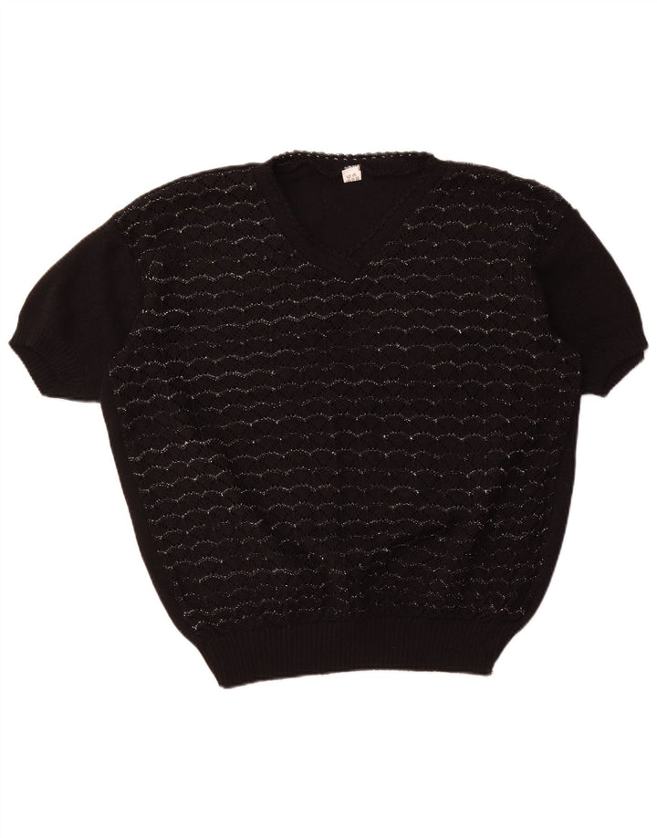 Pulover VINTAGE pentru femei cu mânecă scurtă cu decolteu în V, UK 18 XL, cu dungi negre