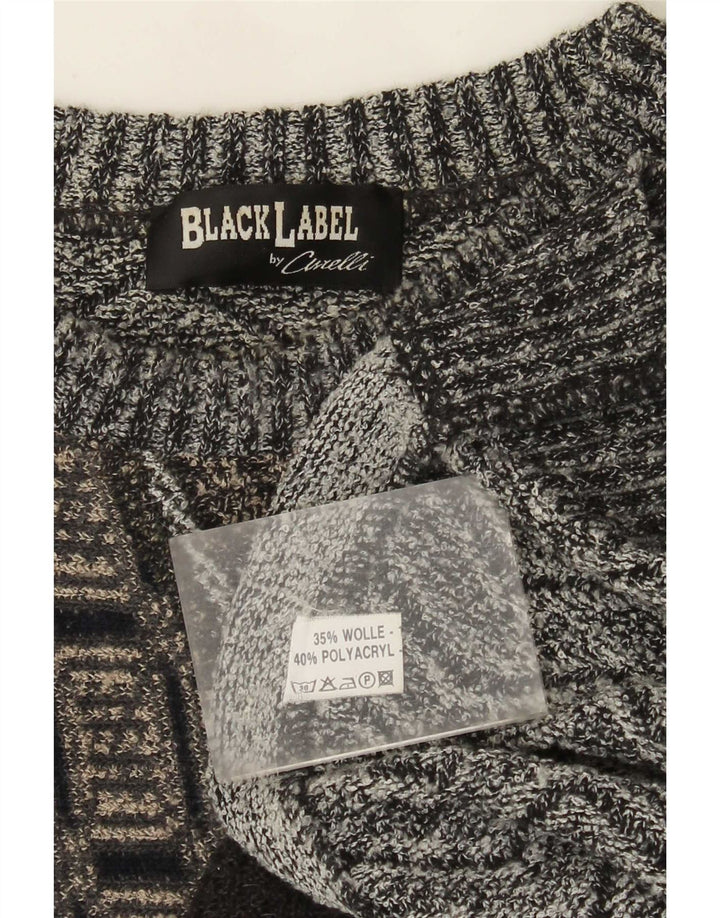 Pulover vintage pentru bărbați cu gât roșu XL din lână de alpaca mozaic gri