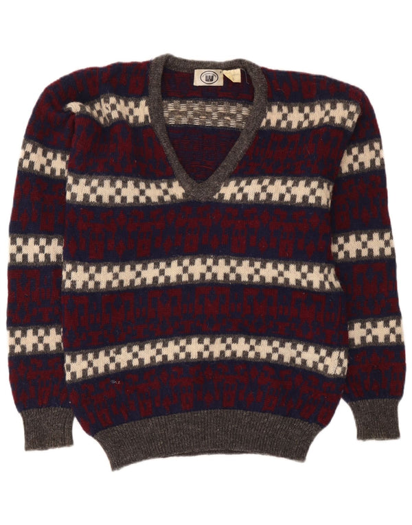 Pulover vintage pentru bărbați cu decolteu în V, lână geometrică, medie, multicoloră