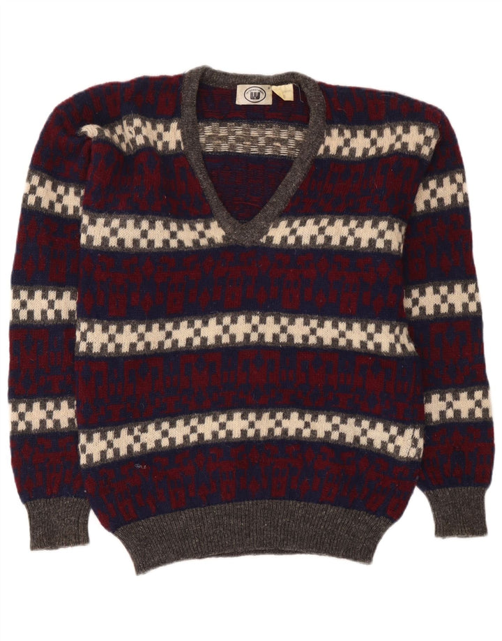 Pulover vintage pentru bărbați cu decolteu în V, lână geometrică, medie, multicoloră