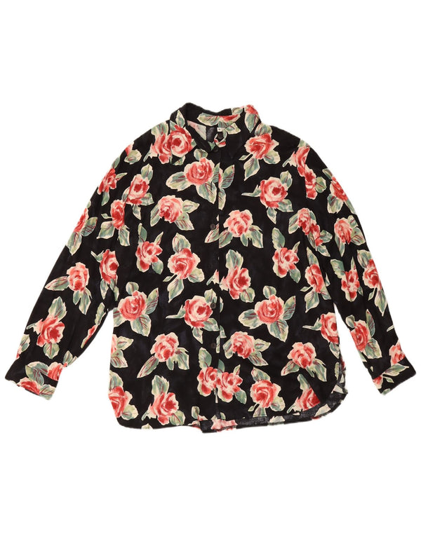 Bluză pentru femei vintage cămașă EU 46 XL Negru Floral Viscoză
