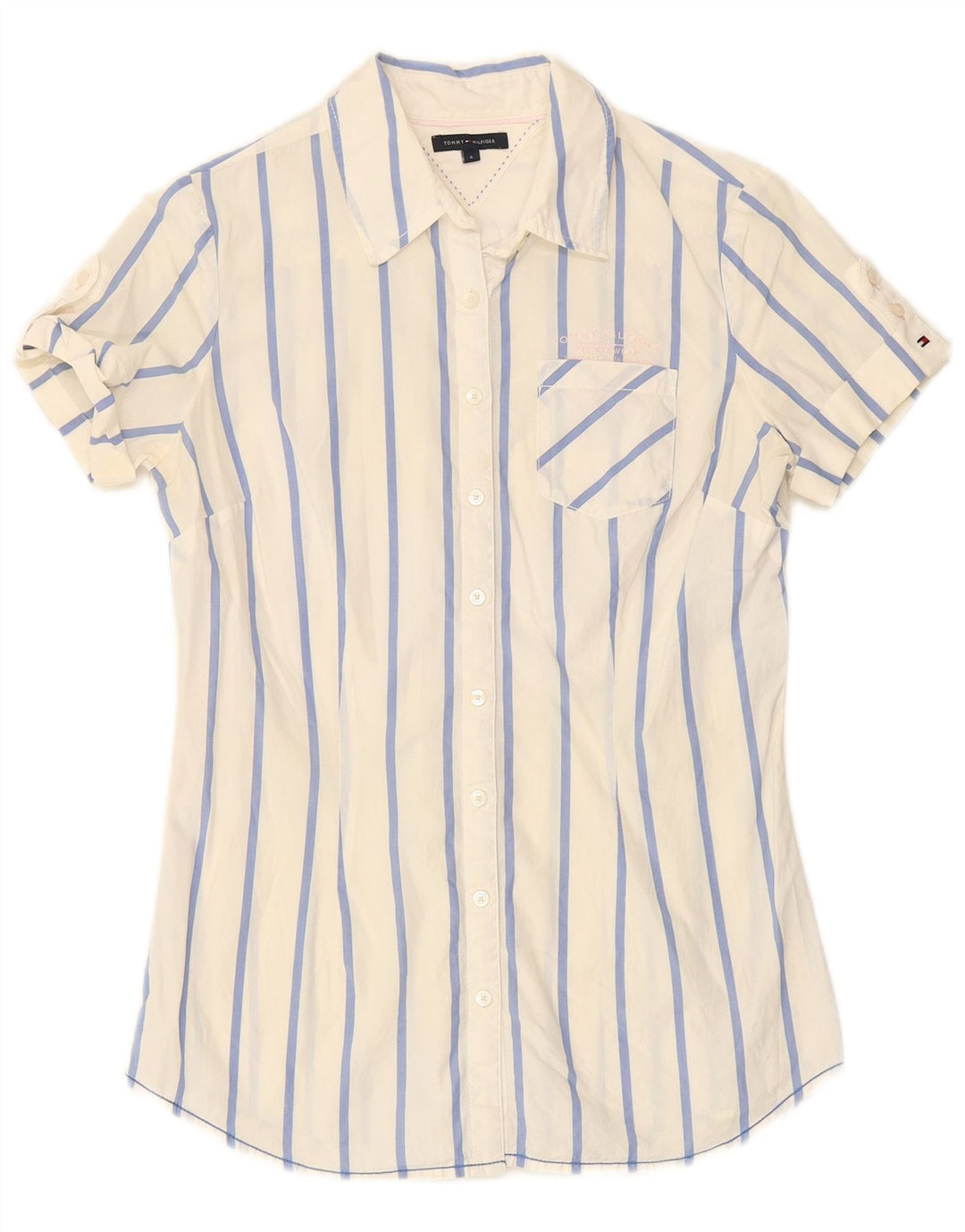 TOMMY HILFIGER Womens Short Sleeve Shirt US 6 Medium White Striped