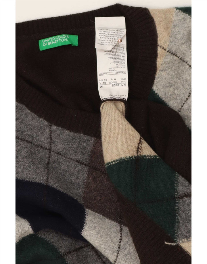 Pulover cu decolteu în V Benetton pentru bărbați, maro mediu, lână Argyle/Diamond