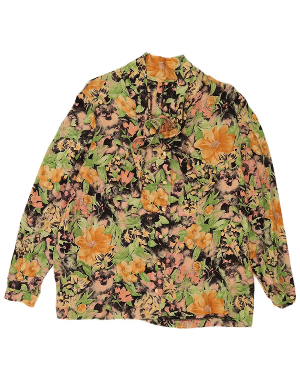 Bluză vintage pentru femei cu cămașă cu cravată în față UK 16 mare, multicoloră, florală
