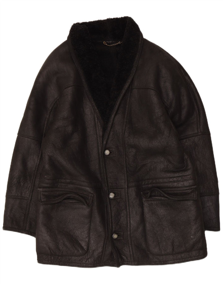 Jachetă vintage bărbătească din shearling IT 50 mare din piele neagră