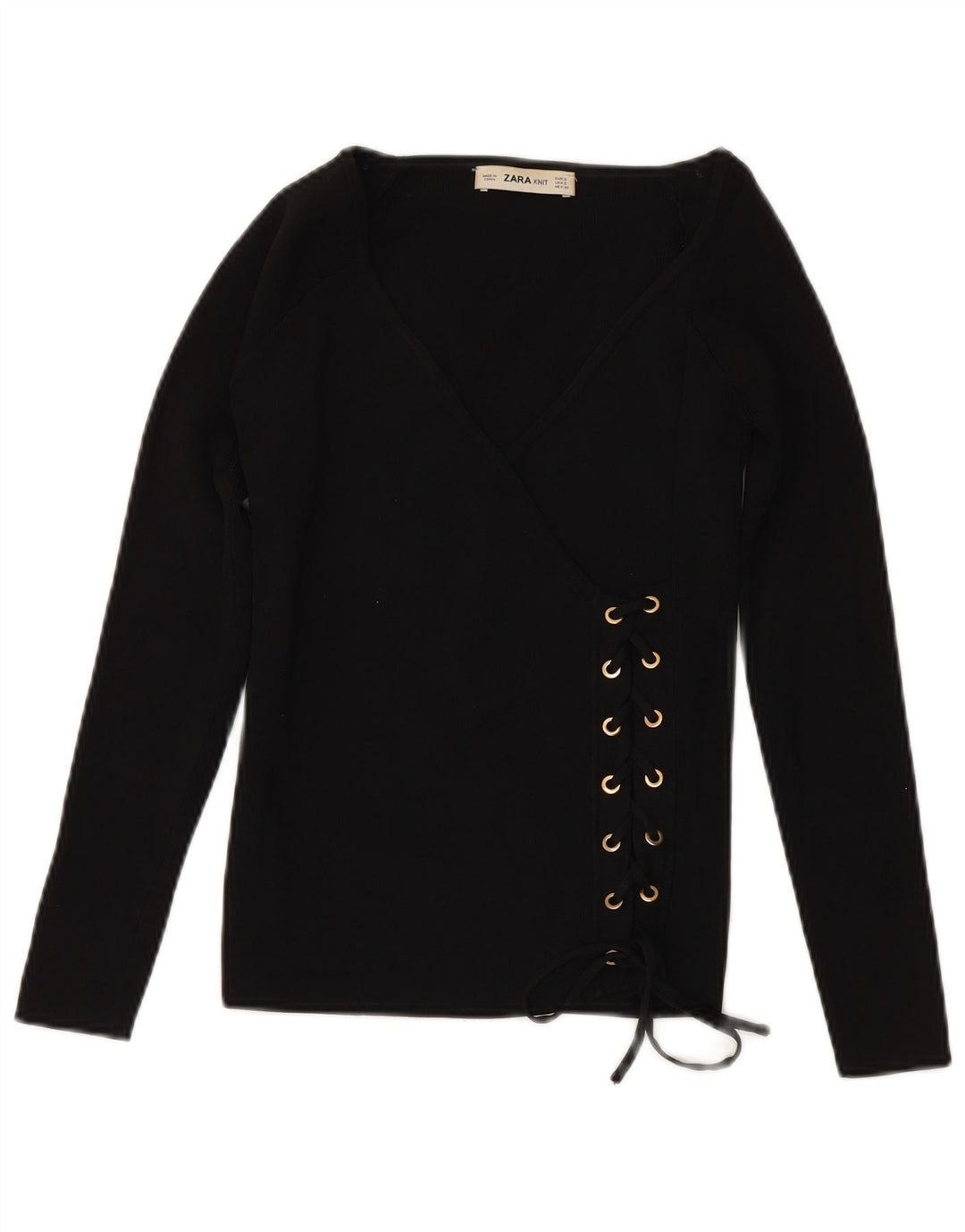 Pulover pentru femei ZARA, cu mâneci 3/4, cu decolteu în V, UK 10, mic, negru, viscoză