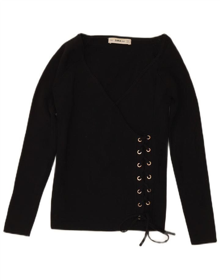 Pulover pentru femei ZARA, cu mâneci 3/4, cu decolteu în V, UK 10, mic, negru, viscoză