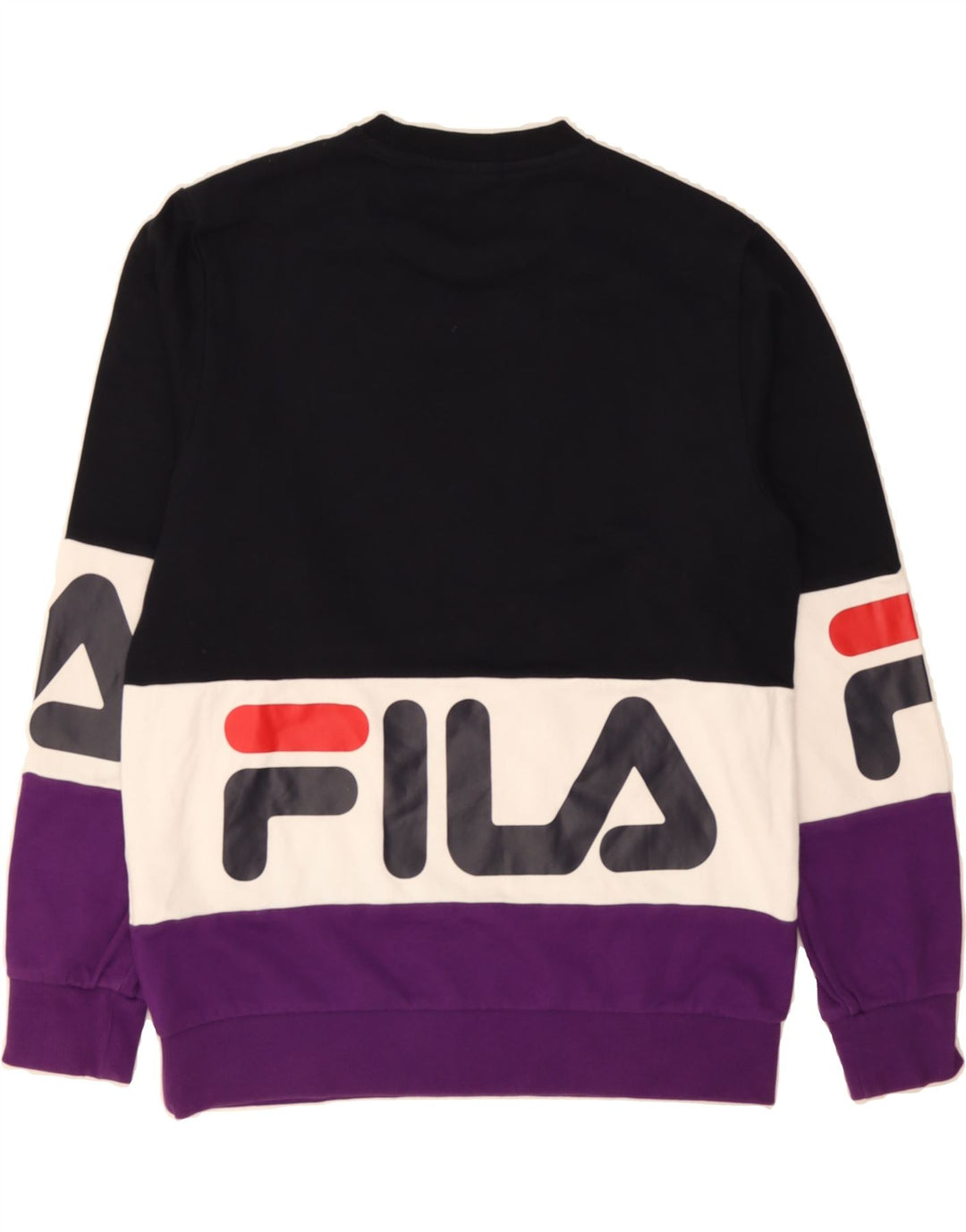 FILA Womens Regular Fit Sweatshirt Jumper UK 16 Large Black Colourblock Vintage Fila and Second-Hand Fila from Messina Hembry 