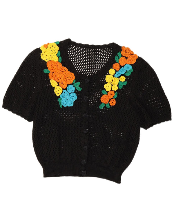 Cardigan vintage cu mânecă scurtă pentru femei UK 14 Medium Black Floral