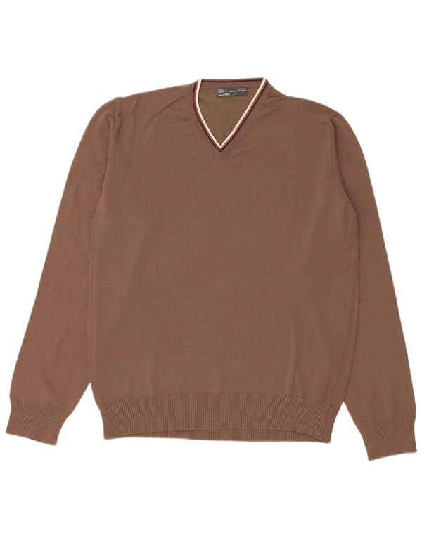Zara Mens V-Neck Jumper Sweater Medium Brown Rayon