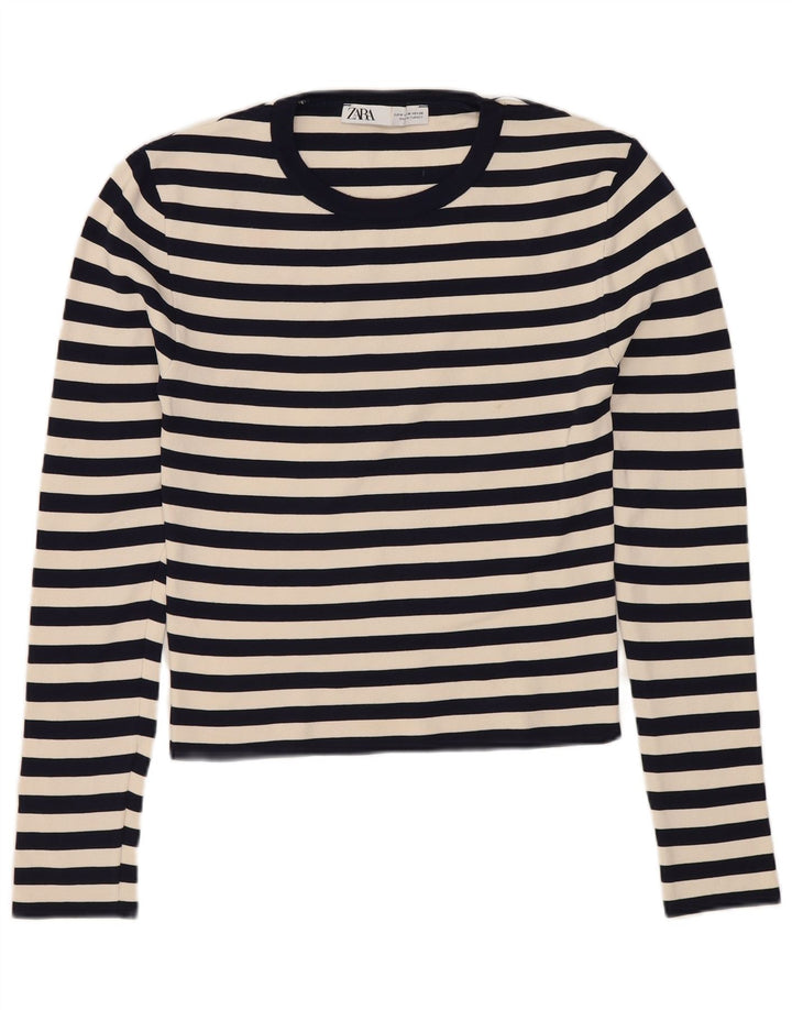 Top crop ZARA pentru femei cu mânecă lungă UK 12 Medium Bleumarin cu dungi Poliamidă