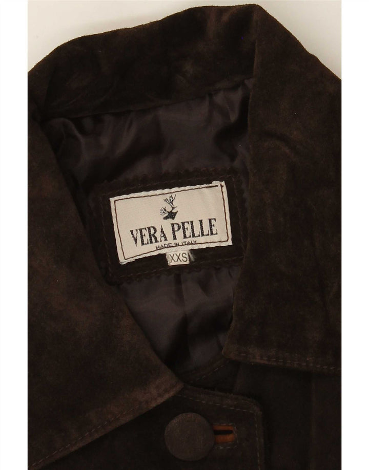 Pardesiu supradimensionat din piele intoarsa pentru femei vintage UK 2 2XS piele maro