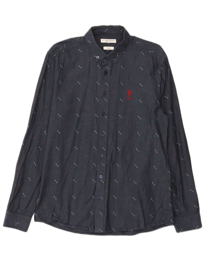 U.S. Polo Assn. Cămașă subțire cu model abstract pentru bărbați, bumbac bleumarin mediu