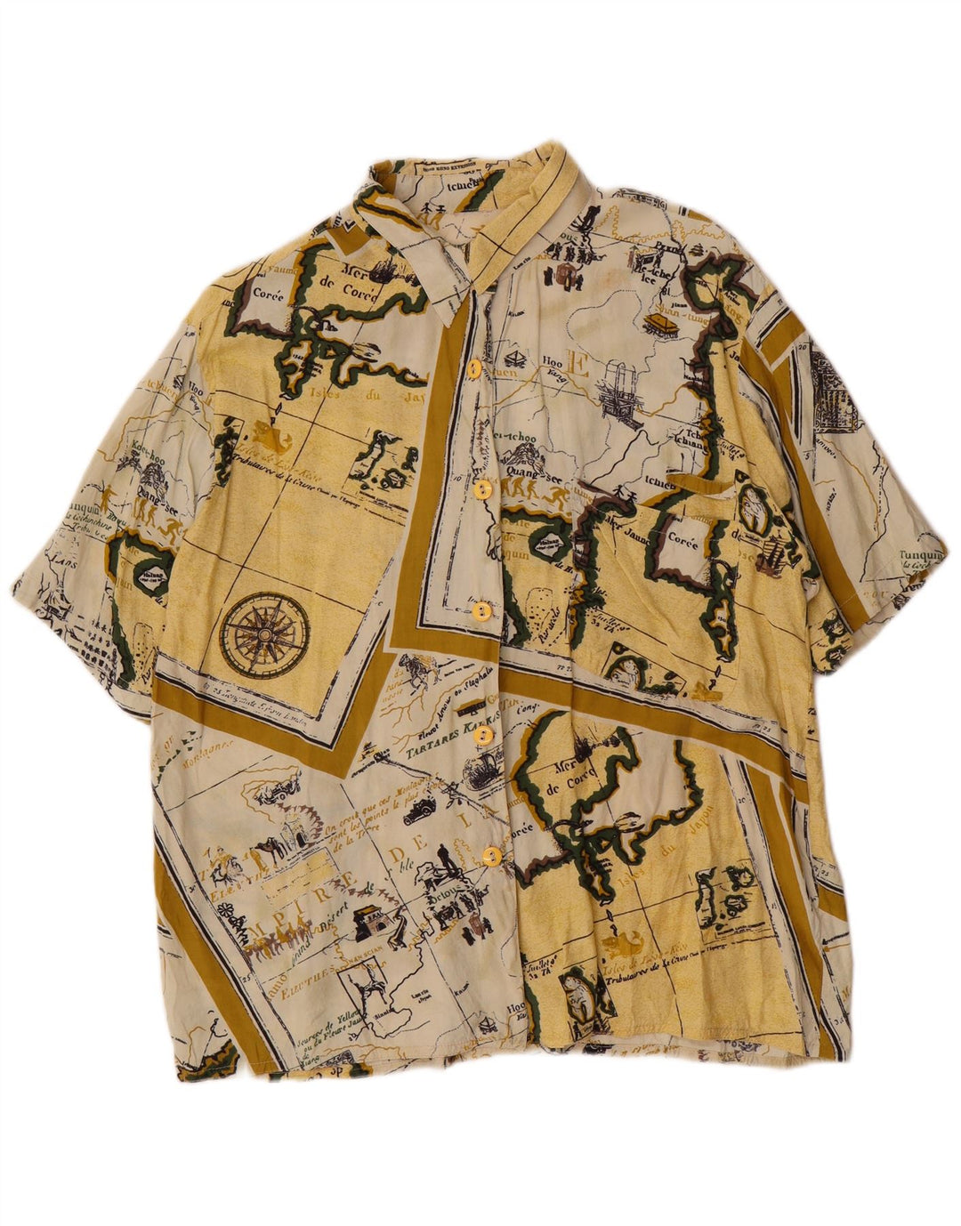 Cămașă vintage pentru femei cu mânecă scurtă cu model abstract UK 14 mare galben