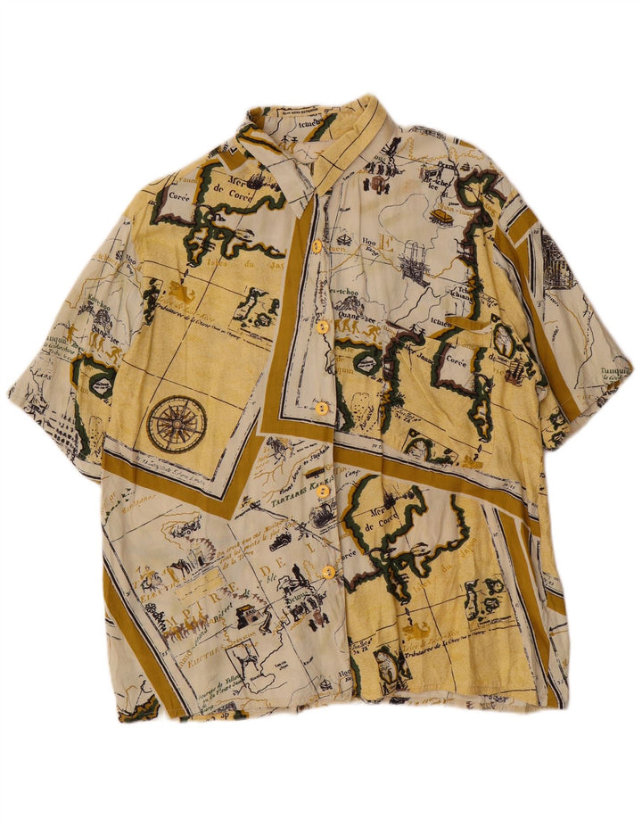 Cămașă vintage pentru femei cu mânecă scurtă cu model abstract UK 14 mare galben