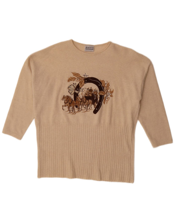 Pulover vintage pentru femei, cu mâneci 3/4, cu decolteu triplu, cu grafică, UK 20 2XL Bej