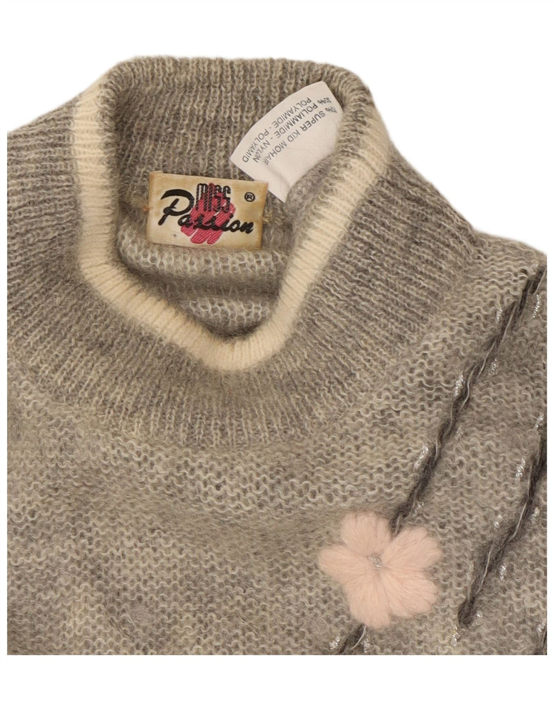 VINTAGE Pulover cu gât țestoasă pentru femei UK 18 XL Mohair floral gri