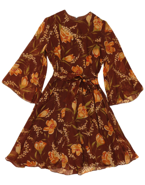 Rochie vintage pentru femei cu mâneci 3/4 în linie A UK 12, maro mediu, floral