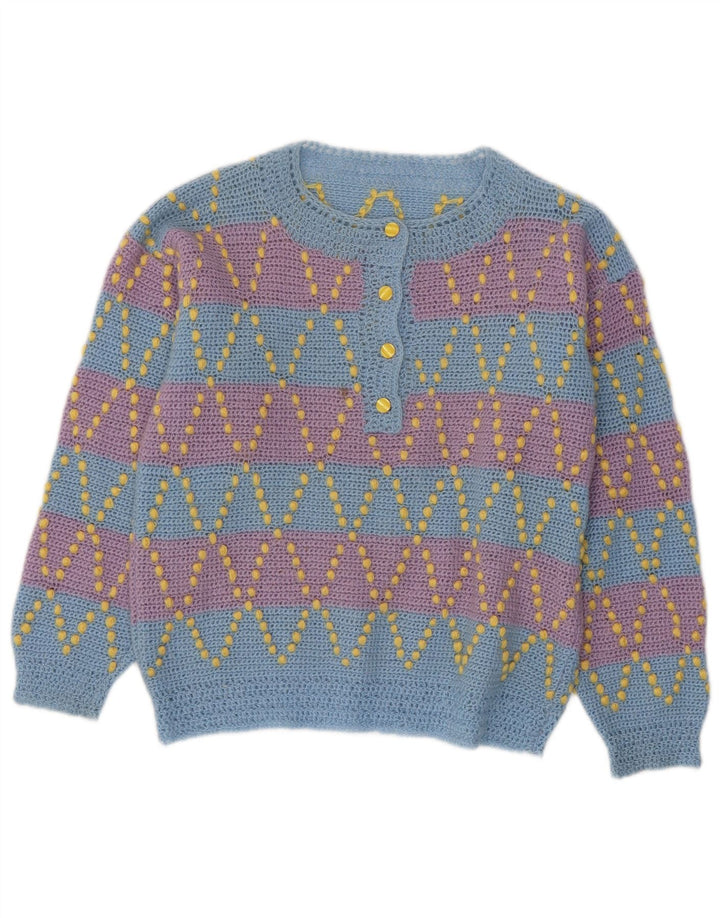 Pulover pentru femei VINTAGE cu gât cu nasturi, UK 12, cu dungi albastre medii