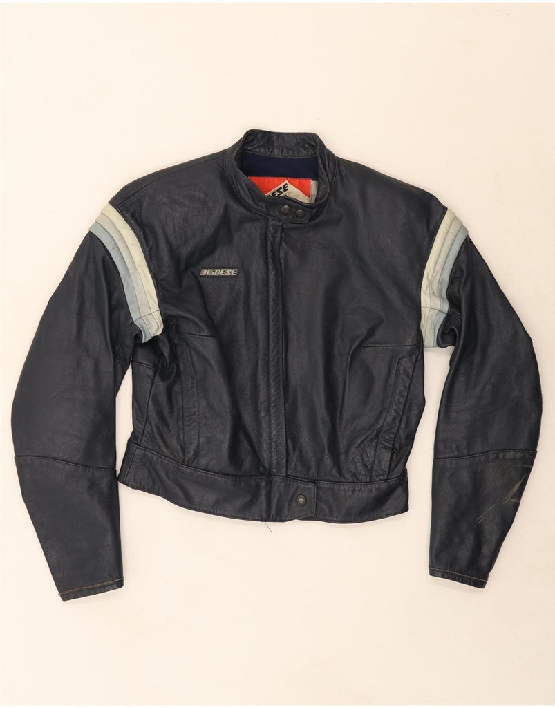 DAINESE Womens Leather Racer Jacket IT 48 XL Navy Blue Colourblock Leather Vintage Dainese and Second-Hand Dainese from Messina Hembry 